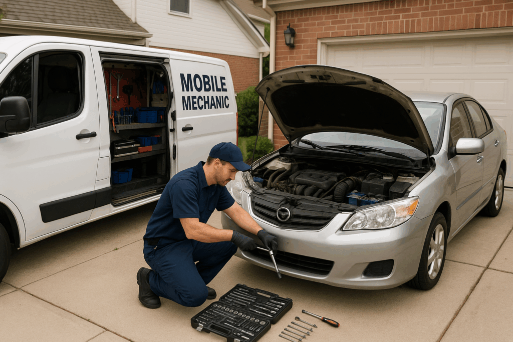 A mobile mechanic in a navy uniform works on a silver sedan in a residential driveway, with a tool kit laid out and a white service van labeled "Mobile Mechanic" parked nearby in front of a brick house.